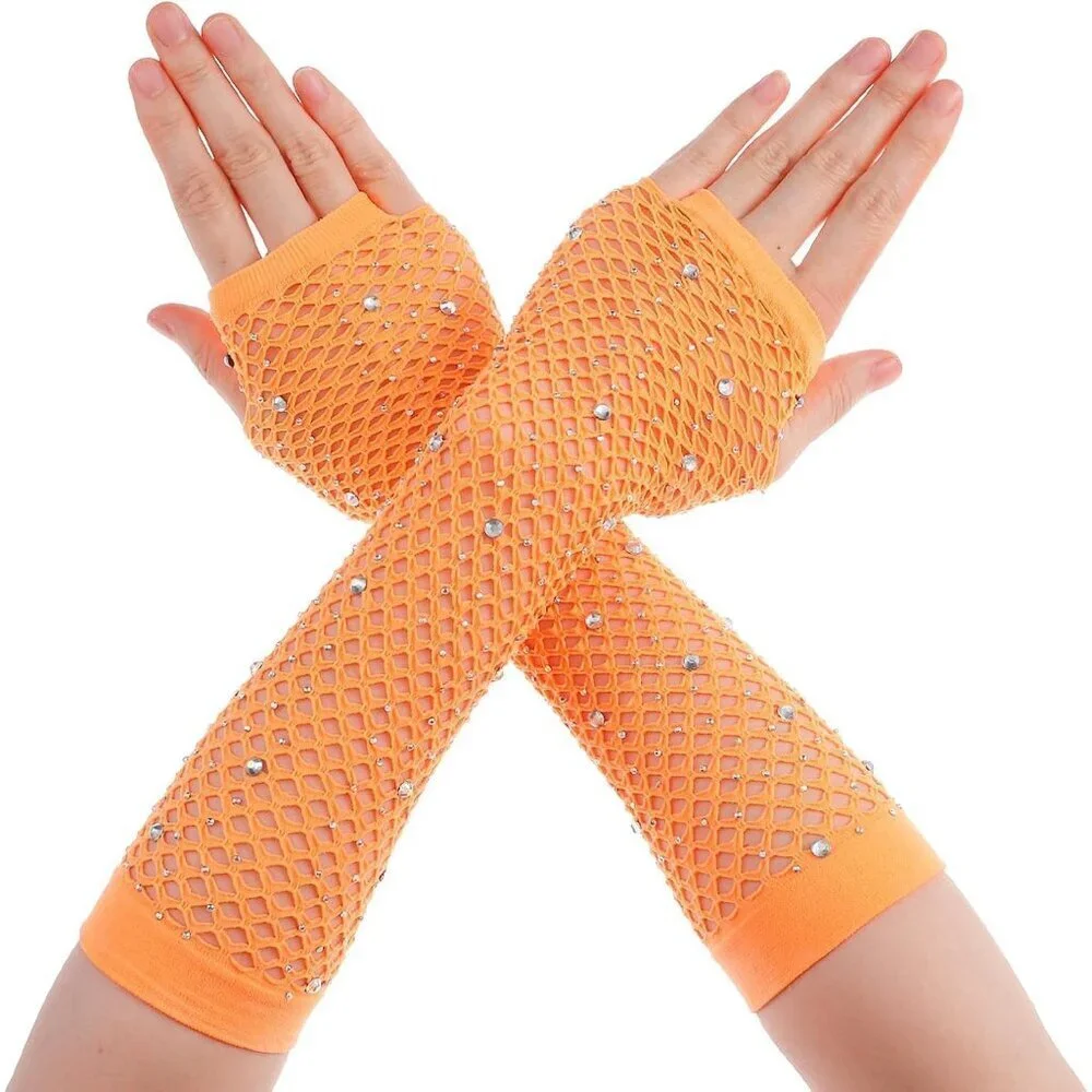 Women's Rhinestone Orange Sparkly Halloween Cosplay Fingerless Long Gloves